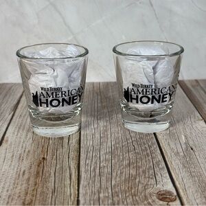 Wild Turkey American Honey Shot Glasses Set Of 2 Whiskey Bar Black Etch Made USA